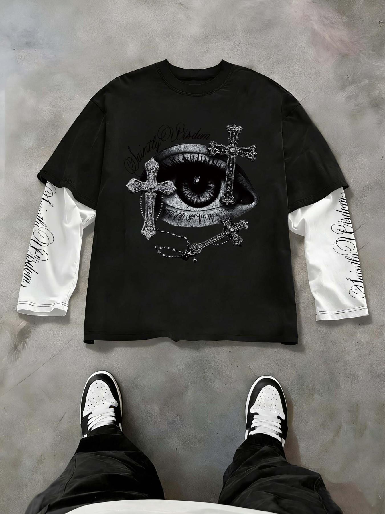 00’s Long Frill Gothic Shirt Y2K ダークロマンス Men's Dark Butterfly Gothic Long Sleeve T-Shirt, Y2K Grunge