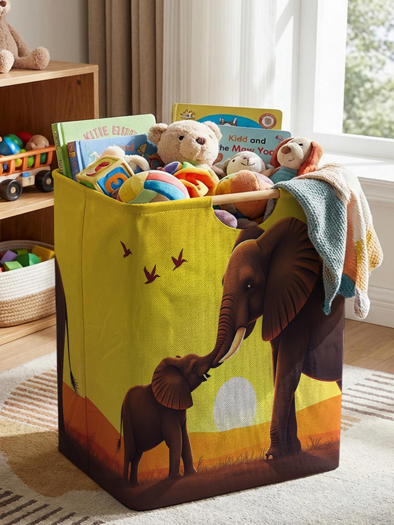 An open storage box with an elephant pattern print, a foldable storage and laundry basket, a storage bag with a handle, suitable for home use in the bathroom, and a foldable laundry basket for dirty clothes storage