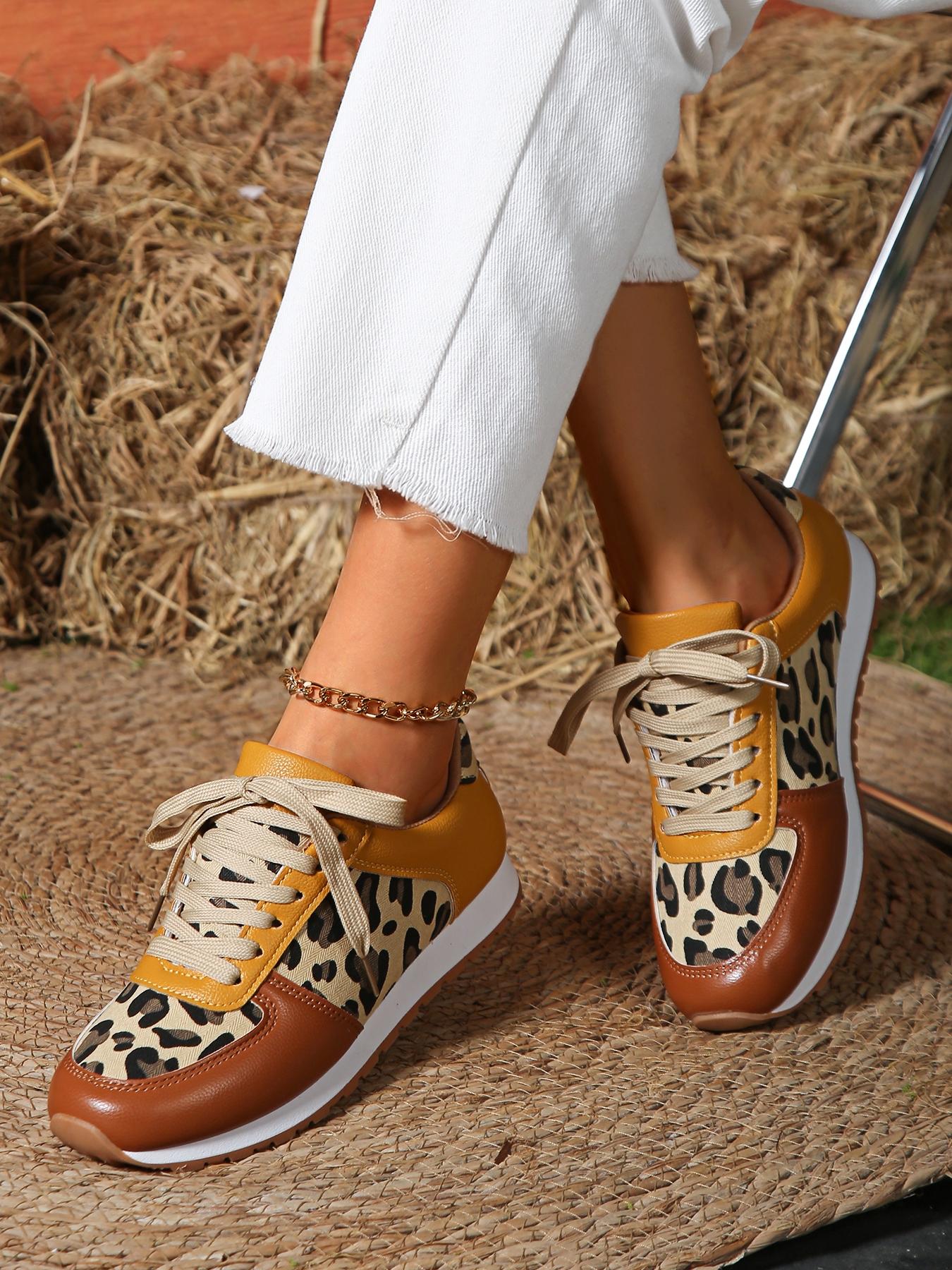 Women's Fashion Leopard Print Lace Up Low Top Sneakers, Casual Breathable Comfortable Sports Shoes, Female All-match Round Toe Shoes for Daily Wear