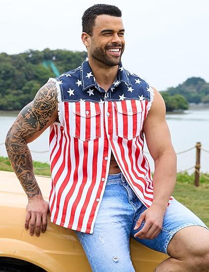 Yuanbang 4th of July Men’s American Flag Denim Vest Independence Day Sleeveless Casual Jacket Patriotic Style Outdoor Fashion Menswear Festival Dad Gifts Guys Love Top