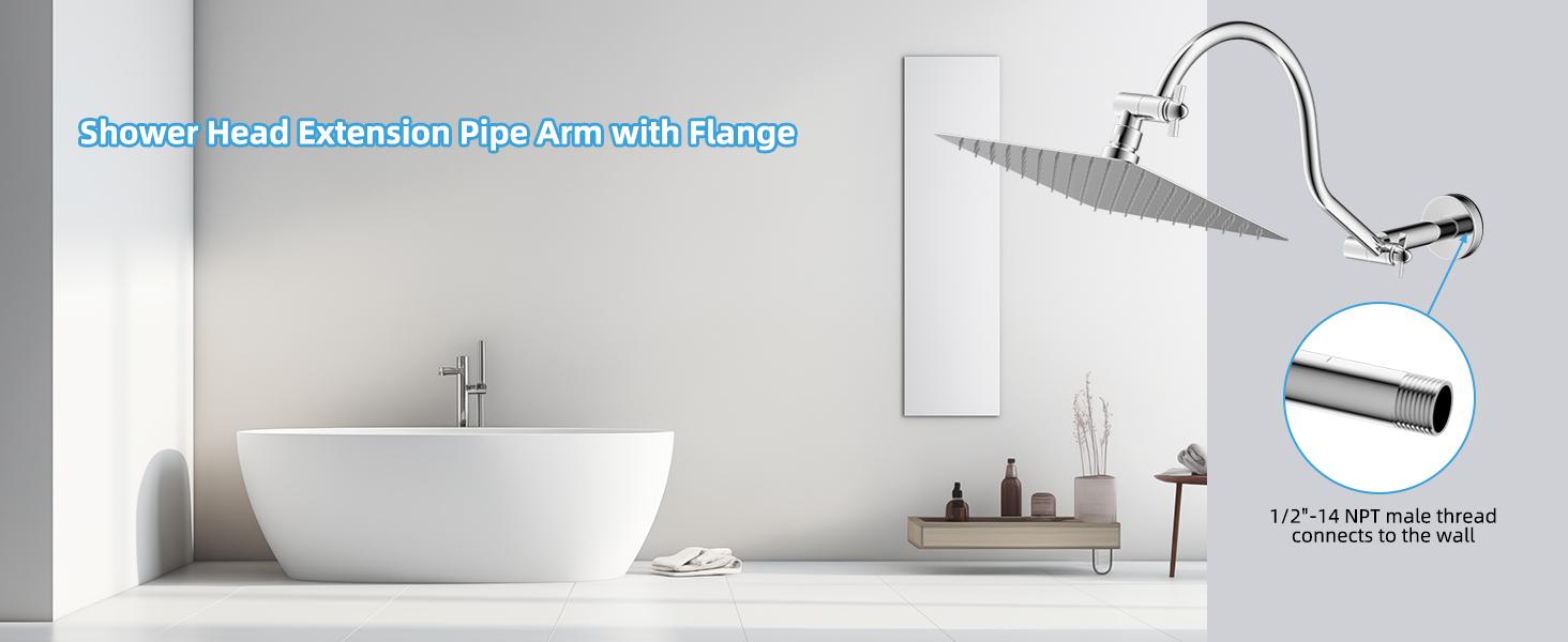 Hibbent All Metal Upgraded 18'' Shower Head Extension Arm, Shower Arm with Flange, Solid Brass Flexible Height & Angle Adjustable Shower Arm Extender with Lock Joint, Universal Connection, Chrome head extension