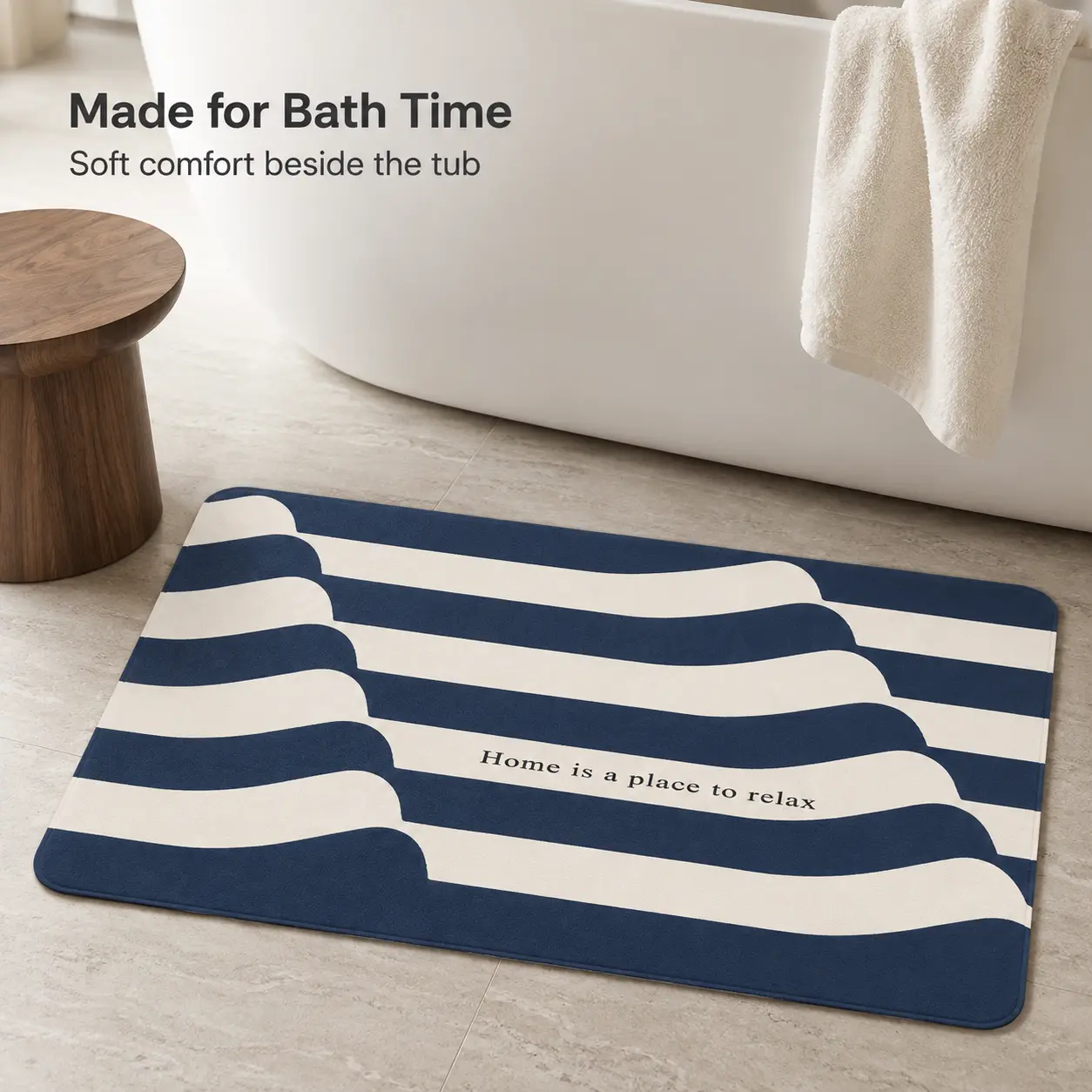 Navy Blue & White Wave Design Bath Mat, Cozy Soft Textile for Bathroom Floor, After Shower Soft Landing for Home Relaxation Zone