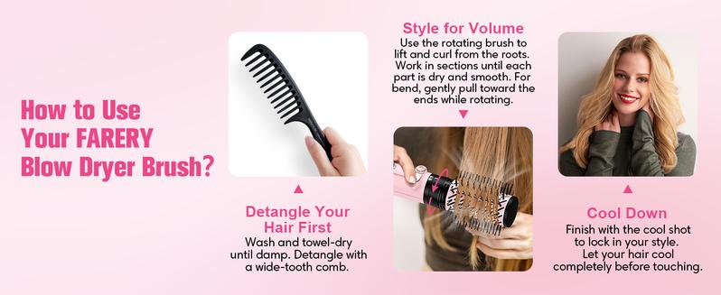 Farery 4-in-1 Rotating Hair Dryer Brush Set with Interchangeable 1.25" & 2" Rotatable Brushes, Oval Volumizer, and Diffuser - Dual Bristles for One Step Styling