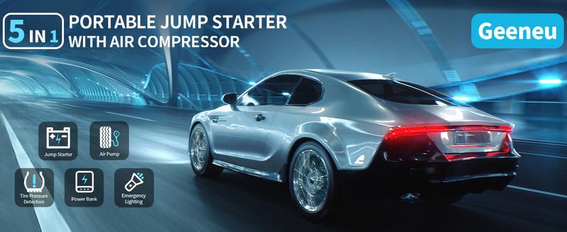 Geeneu 16800mAh Portable Car Jump Starter with 8000A Peak Current 150 PSI Turbocharged Inflation LED Light & LCD Display for Vehicle Safety & Emergency Starts Electronic Tool Cable Usb Geeneu 16800mAh Portable Car Jump Starter with 8000A Peak Current 150 PSI Turbocharged Inflation LED Light & LCD Display for Vehicle Safety & Emergency Starts Electronic Tool Cable Usb