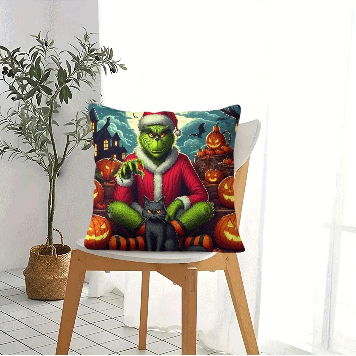 45x45cm 1Pc, Grinch Themed Halloween Christmas Cushion Pillow, spooky jack-o'-lantern bat print, soft durable cozy, perfect for sofa, bed, living room bedroom decor, ideal small holiday home gift, includes pillow filling