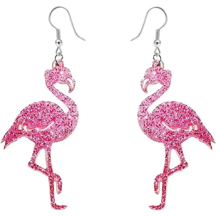 Cute Pink Flamingo Glitter Dangle Drop Earrings for Women Acrylic Animal Hook Fashion Jewelry(Gift)