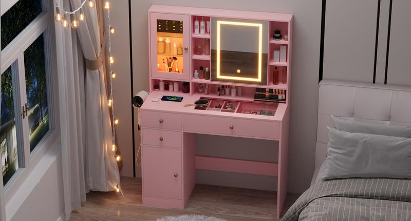 Small Space Vanity,Makeup Vanity Desk with Mirror and Lights,  LED Lights & Power Outlet, 3 Drawers & 2 Cabinets, 8 Storage Shelves, Adjustable Lighting，Dressers for bedroomVanity mirror