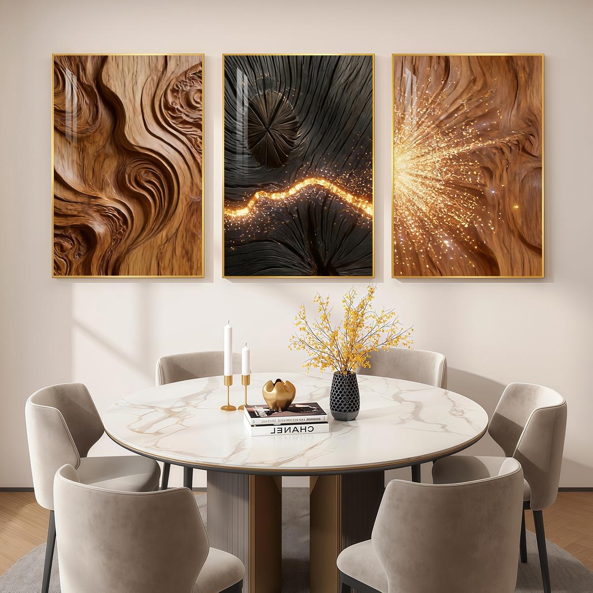 3 Counts Aluminum Alloy Framed Painting, Abstract Wood Texture And Golden Spark Art Pictures, Home Decoration For Living Room, Bedroom, Office, Restaurant, Hallway Wall Decor, Odorless Print Artwork, Luxury Perfect Gift For Friends And Family
