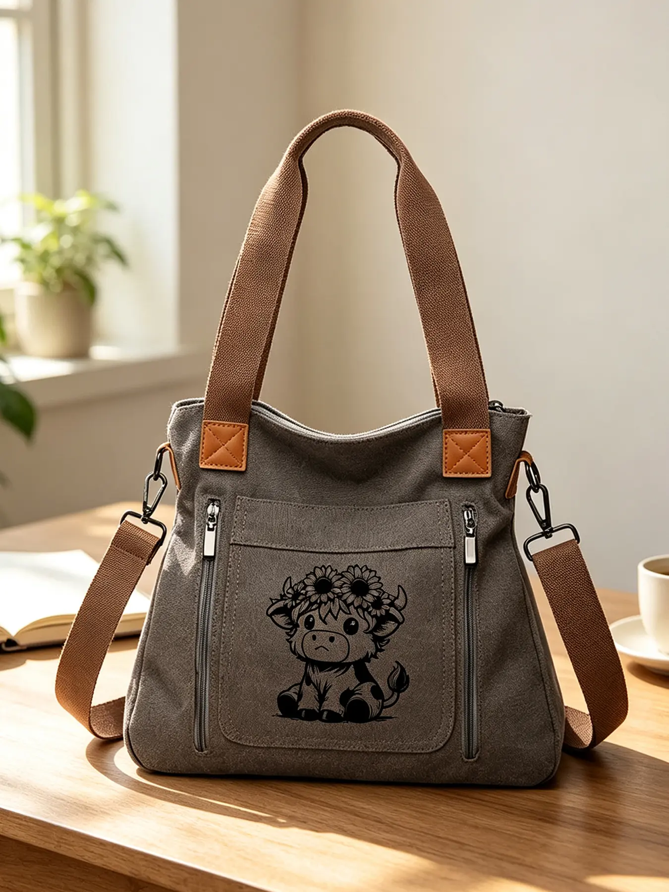 Wreath Cow Print Storage Tote Bag, Large Capacity Multi‑pocket Shoulder & Crossbody Bag with Adjustable Strap, Versatile Handbag for Work, School, Daily Commute for Students