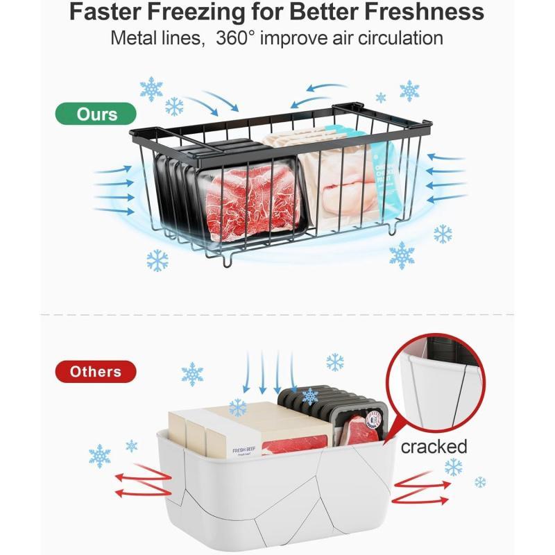 Chest Freezer Basket - 8 Pack Small Stackable Freezer Bins for Most 7 Cu.FT Deep Freezer Sort Frozen Food, Deep Freezer Organizer Bins with Handles Easy to Get Food from Bottom, Black