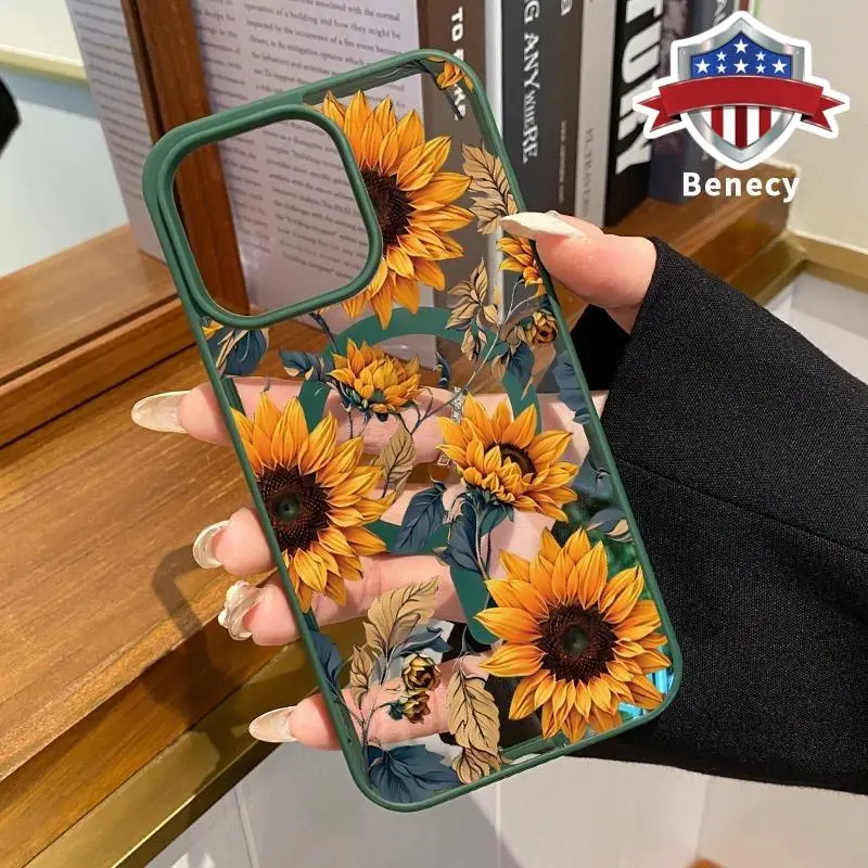 Wild Sunflowers Pattern Magnetic Silicone Transparent Acrylic Phone Case - Shockproof, Non-Slip, Durable Protector for iPhone 18 Pro Max,11-17,  Air, XR, XS, Plus - Supports Wireless Charging - Smartphone, Handheld Devices Accessories, Casing