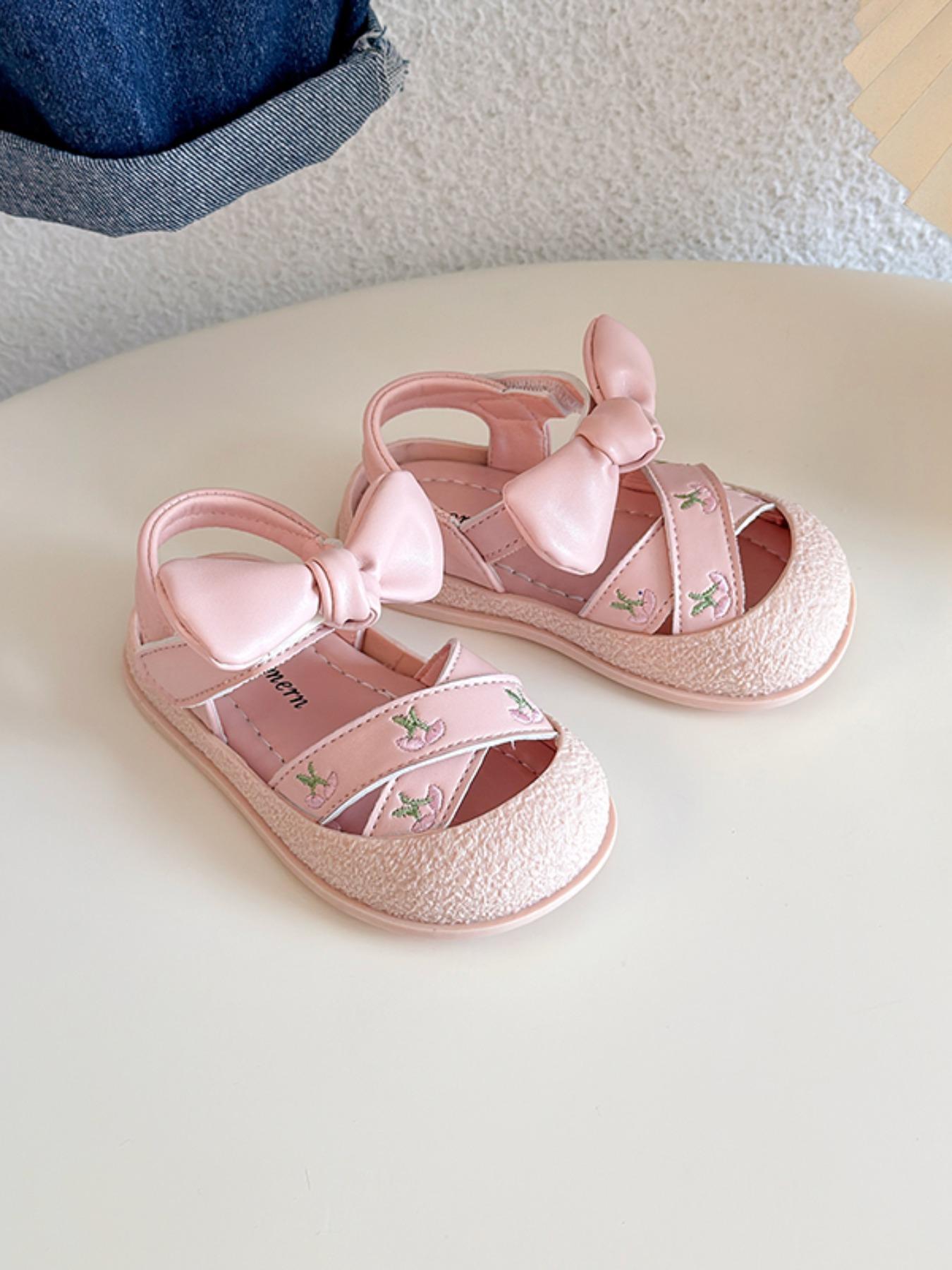 Cherry Embroidery Bow Infant Sandals, Sweet Princess Style, Easy-On Velcro, Soft Toe Protection, Non-Slip Rubber Sole, Summer