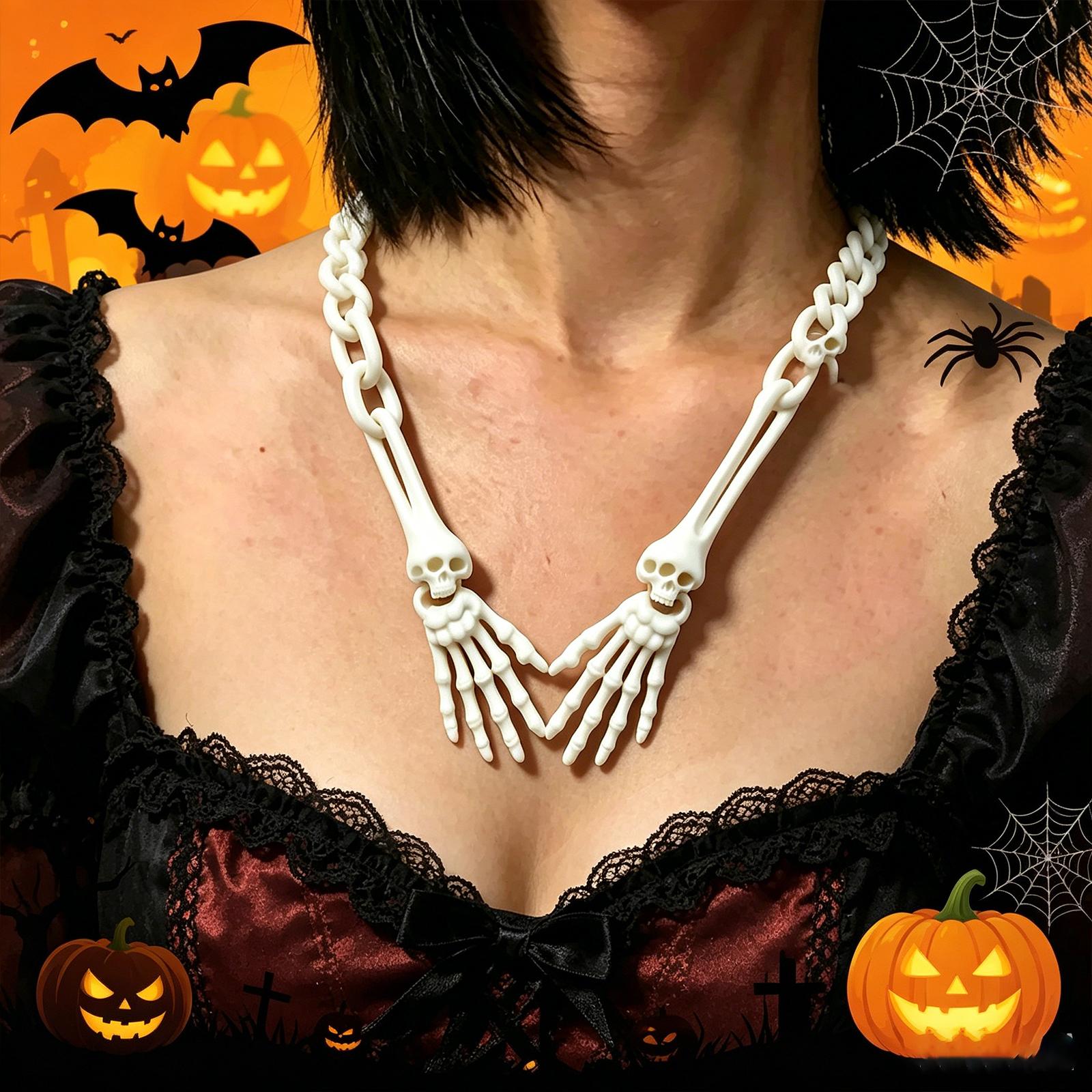 Halloween Skeleton Hand Arm Chain Necklace, Simulation Bone Skull Pendant, Gothic Fashion Jewelry Party Decorations