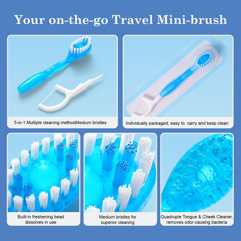 26 PCS 5-in-1 Mini Brushes Disposable Toothbrushes with Toothpaste and Pick, Individually Wrapped, Portable On The Go Toothbrush for Work Travel - 4 Flavors