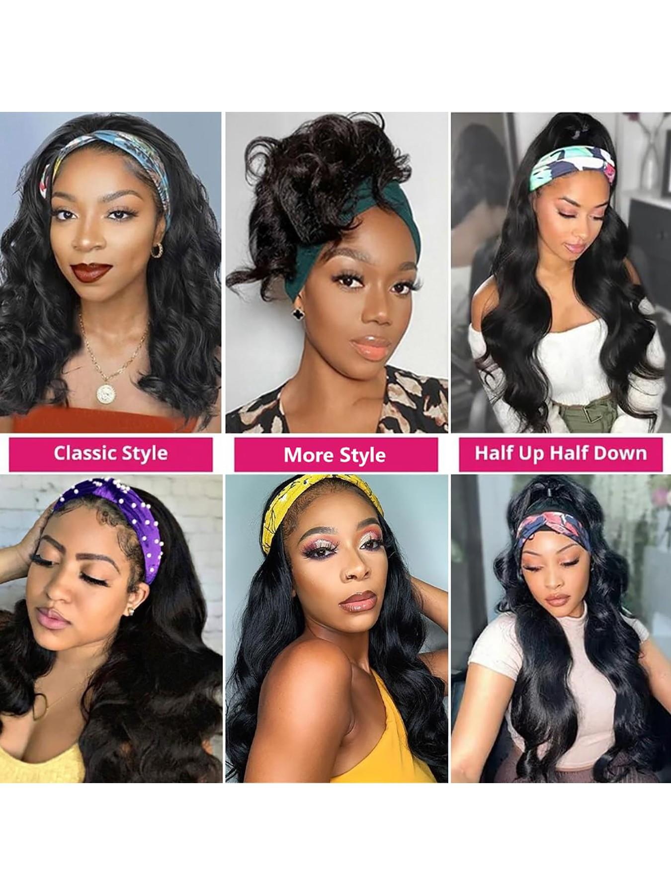 Headband Wig Human Hair Body Wave Headband Wigs for Black Women Brazilian Virgin Hair Glueless None Lace Front Half Wigs Human Hair Wear and Go Headband Wigs 180% Density