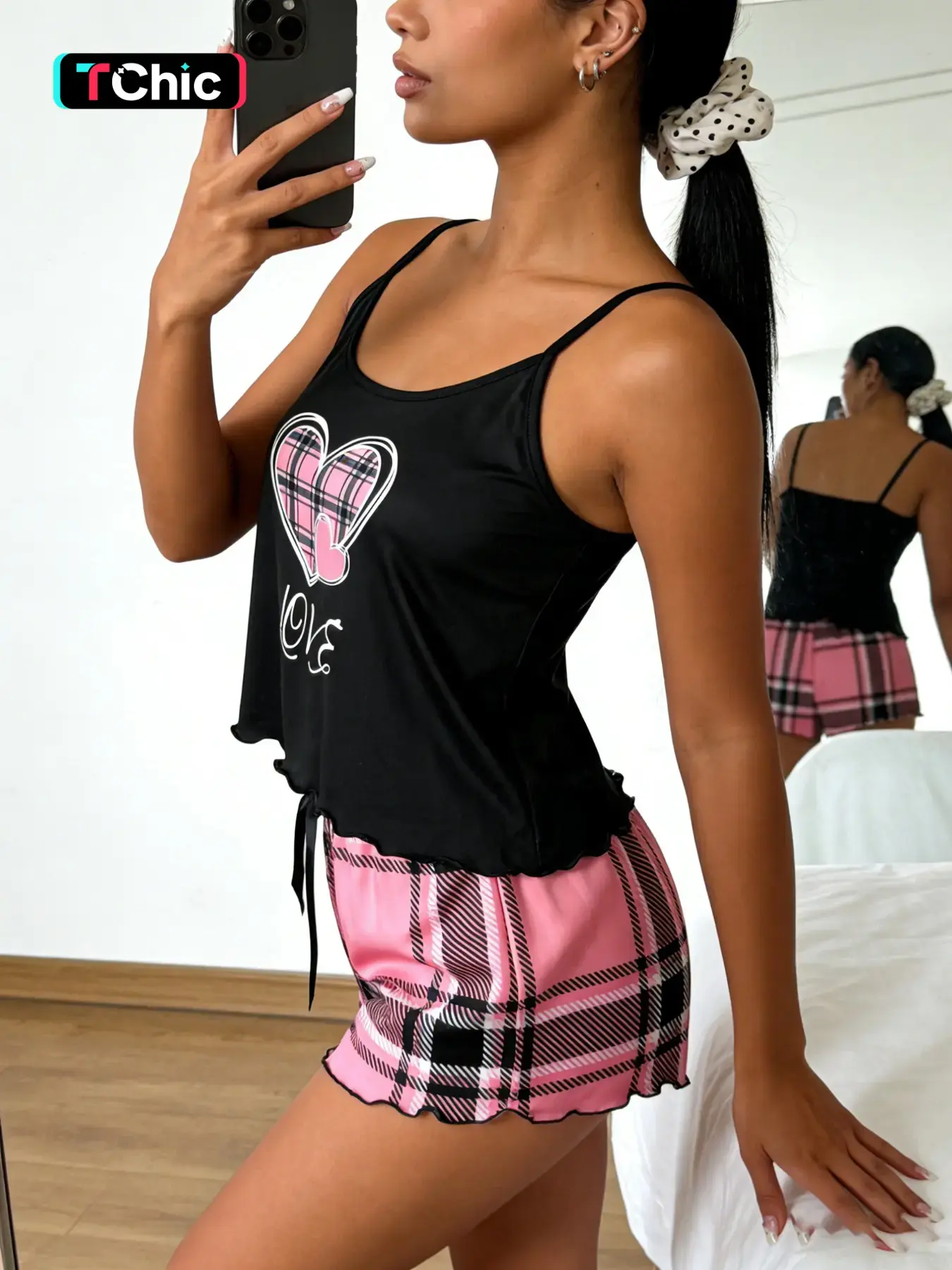 Base Plaid Heart Love Print Pajama Set, Sleeveless Slim-Fit Sleepwear, Breathable Home Wear, Sweet Cool Girl Style Shorts