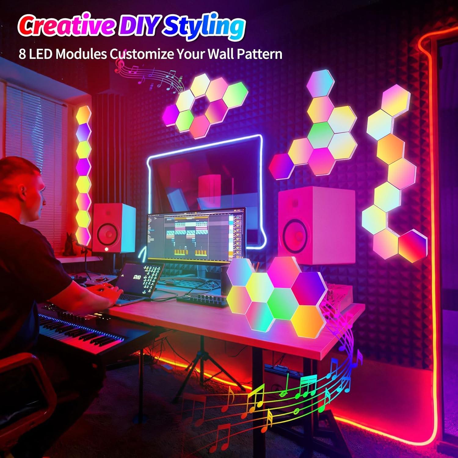 Hexagonal Wall Light Panel, Smart APP RGB Hexagon LED Modular Strip Remote Control, Music Sync Function for Gaming Room, Living Room, Bedroom