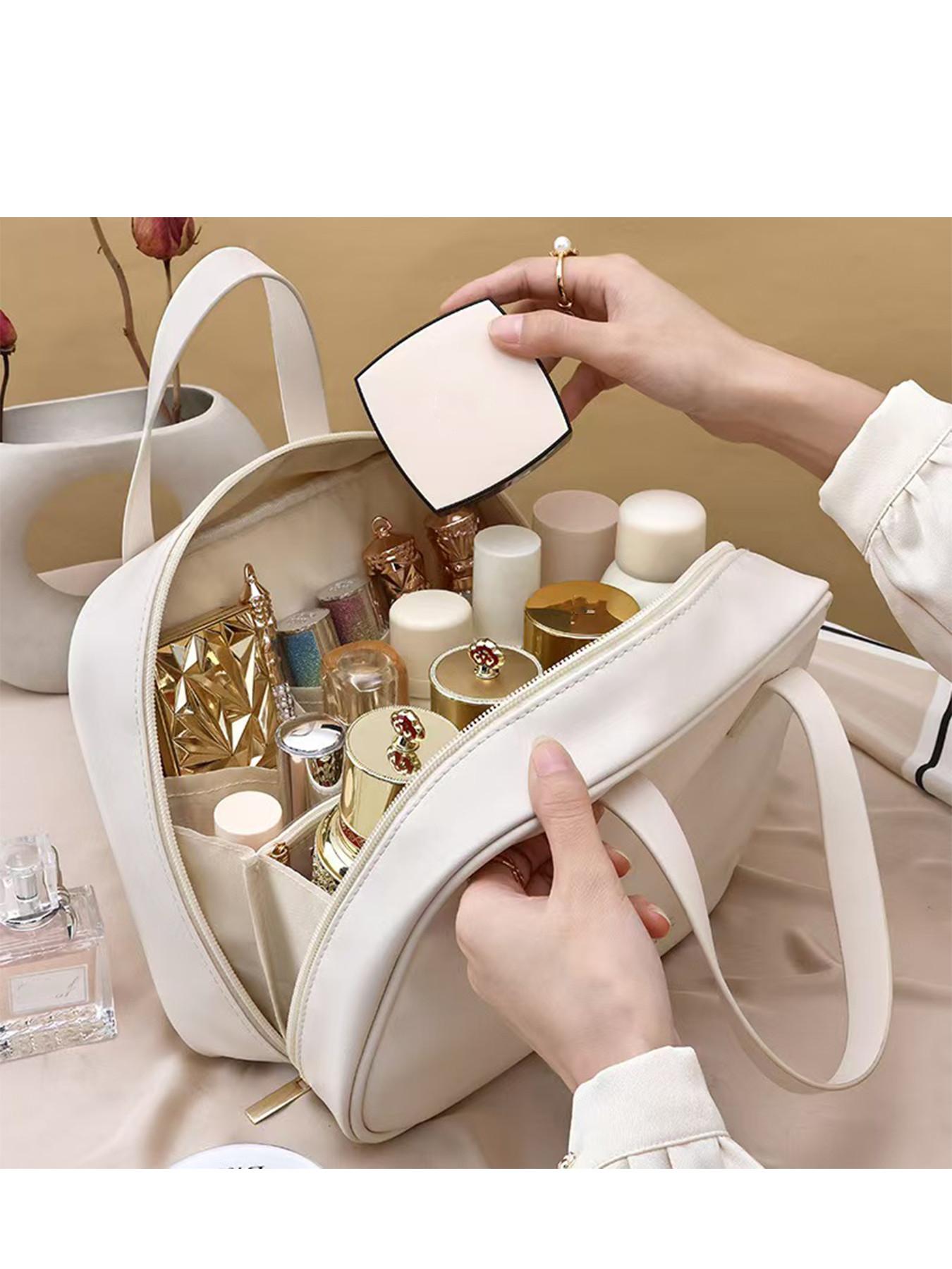 High-End PU Makeup Bag, Large Capacity Travel Cosmetic Organizer, Multi-Functional Bathroom Storage, Portable Partitioned Washbag