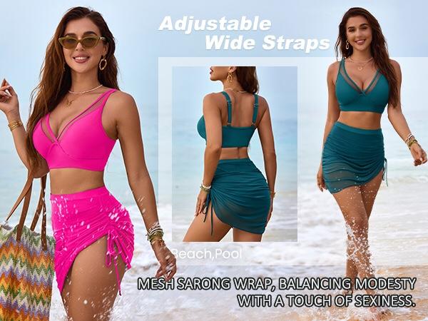 Blooming Jelly Mesh Sarong Wraps Bathing Suits Womens High Waisted Tummy Control Bikini beach Sets