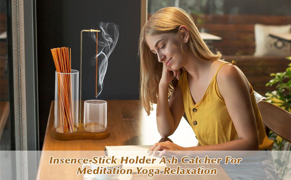 2 in 1 Incense & Candle Holder, 1 Count Wooden Base Aromatherapy Diffuser Incense Burner with Removable Glass Ash Collector, Woody Home Decor Ornament for Living Room Bedroom, Funny Gift, Scented, Aroma, Fragrance Perfume
