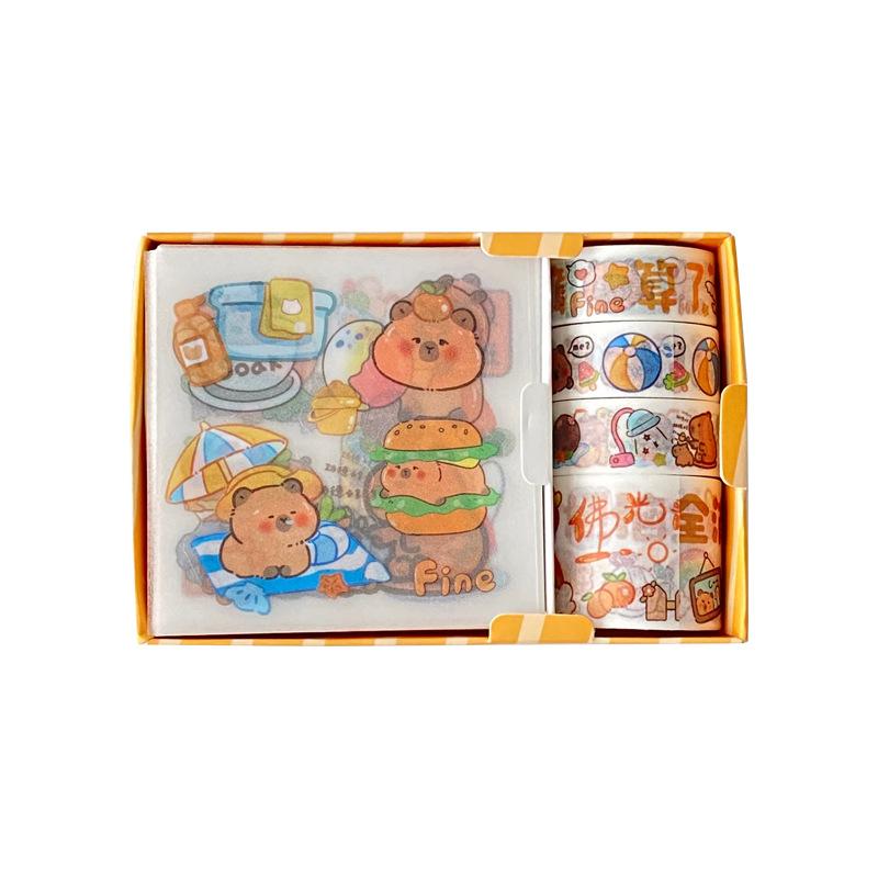 Capybara Themed Stationery Gift Set, 4 rolls of tapes and 4pcs stickers, DIY decorative stickers, suitable for decorating stationery, books, laptops, water bottles, mobile phone cases