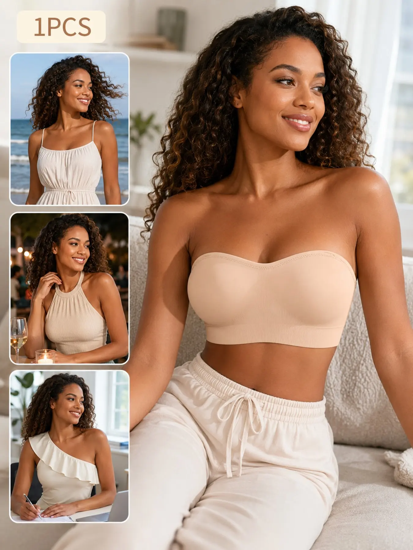 1PCS Women Strapless Tube Top Bra With Fixed Cups, 2 Ways Wear, Invisible Clear Shoulder Strap Included, Non-slip Support Seamless Bandeau Bra For Evening Dress, Off Shoulder Outfit, Wedding Party, Comfort Everyday Lingerie