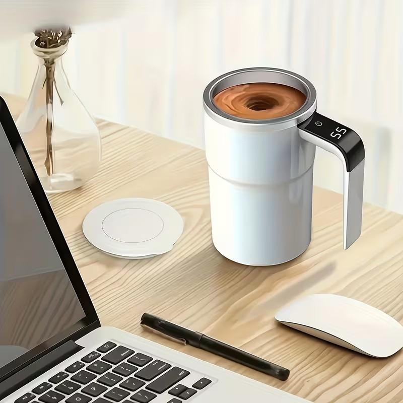 Self-Stirring Mug with LED Temperature Display, Rechargeable Magnetic Automatic Coffee Cup, 12oz with Lid, Perfect for Office Desk Coffee & Milk Mixing