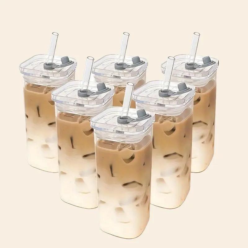 6-Pack Leak-Proof Glass Cups with Lids & Straws, High Borosilicate Rectangle Mugs, Spill-Proof for On-the-Go, Christmas Gift