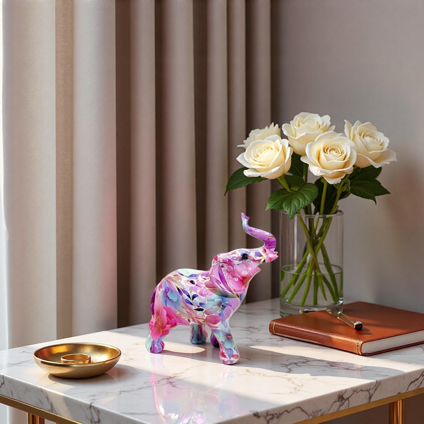 Floral Resin Elephant Figurine, Creative Lucky Elephant Home Decor, Living Room TV Cabinet Decoration, Unique Gift Art Table Ornament
