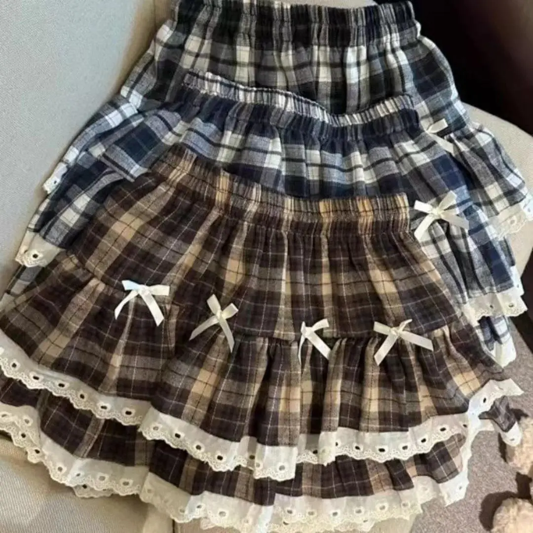 Sweet Cool Kawaii Y2K Puff Mini Skirt Women's Plaid High-Waist Lace Patchwork Bow Casual Dating Skirt  Lolita School Performance