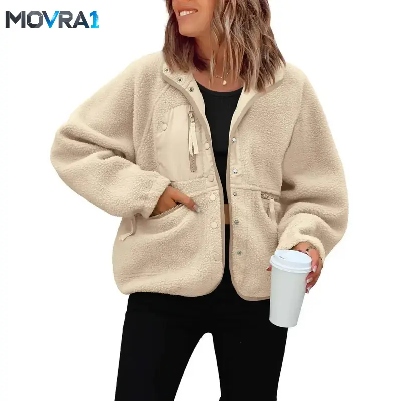 MOVRA1 Women’s Sherpa Fleece Jacket, Cozy Stand Collar Snap Button Teddy Coat with Chest & Side Zip Pockets, Oversized Long Sleeve Casual Outerwear, Warm Fall Winter Streetwear Jacket Travel, Work, Shopping & Everyday Wear