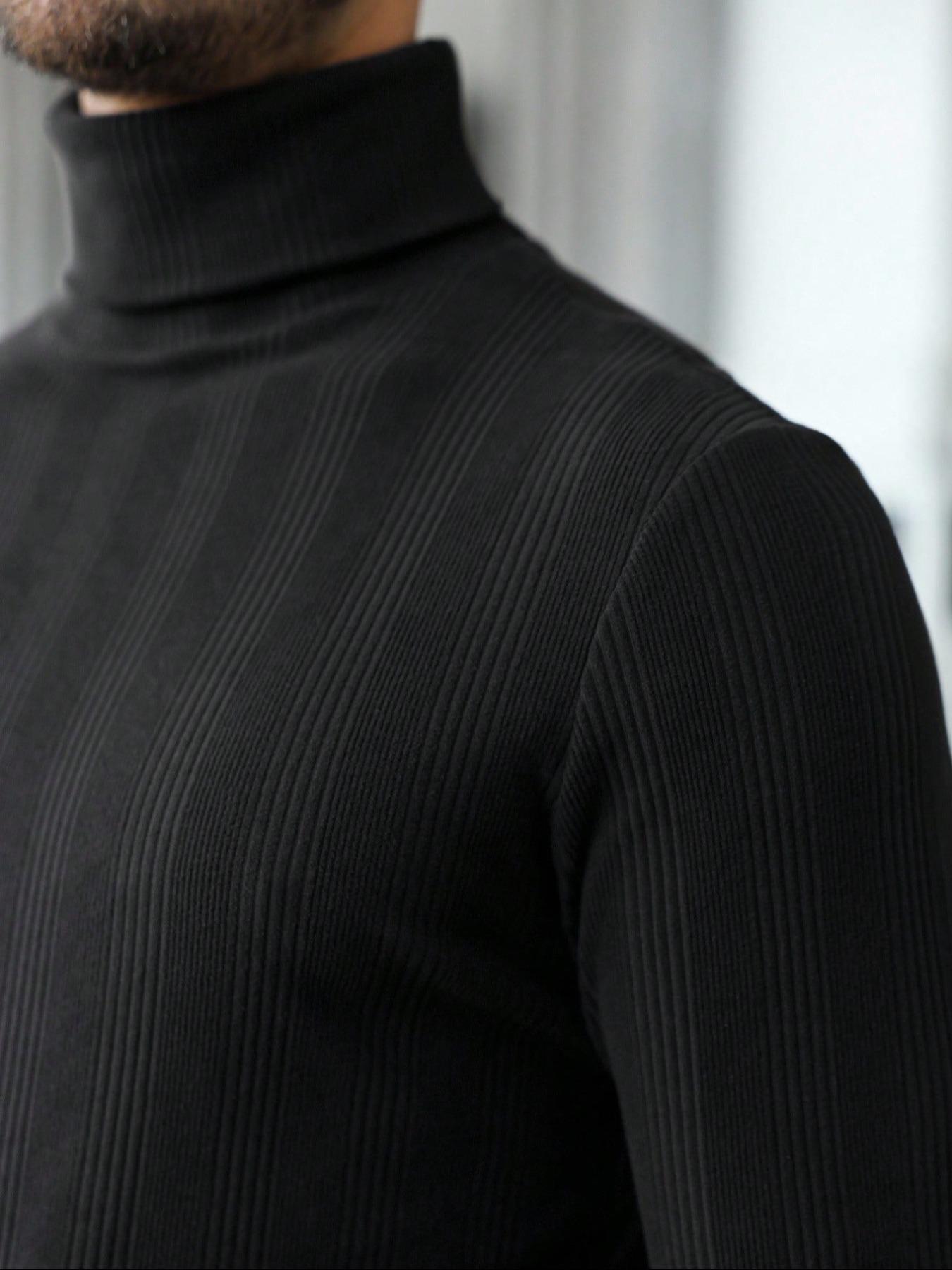 Men's Long Sleeve Knitted High Neck Pullover, Slim Fit Casual Solid Color Underwear, Perfect for Autumn Winter Street Style, Knitted Ribbed Turtleneck