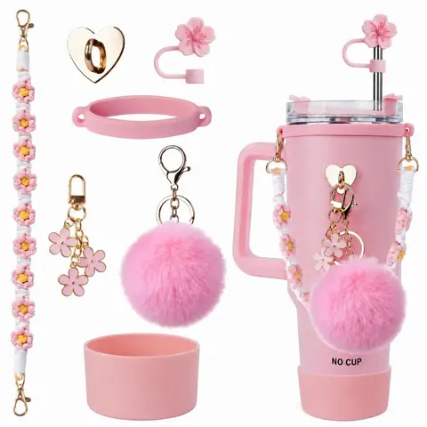 Cute Tumbler Accessories for Stanley 40oz 30oz Cup, 7PCS Drinkware Accessories with Bow Straw Topper, Silicone Straw Cover, Boot, Handle Chain & Pom Pom Charm game day tumbler leak-proof design gift-ready box
