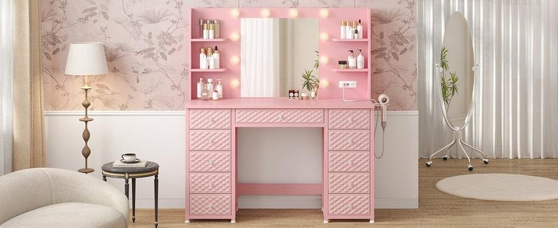 Sikaic Makeup Vanity with 11 Drawers and 6 Open Shelves Pink Modern Dressing Table with 3 Color Modes Lights, Power Strip and Storage high quality