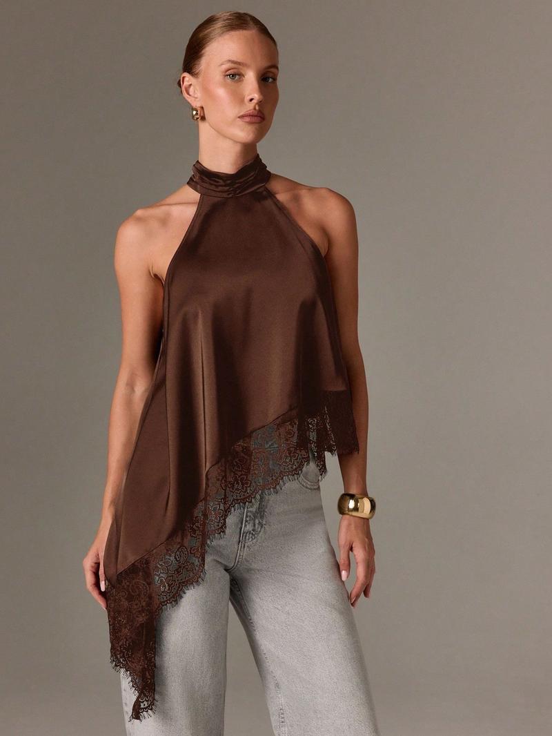 Elegant Asymmetric High Neck Satin Halter Top with Lace Trim, Sleeveless Design for Evening Parties and Formal Occasions
