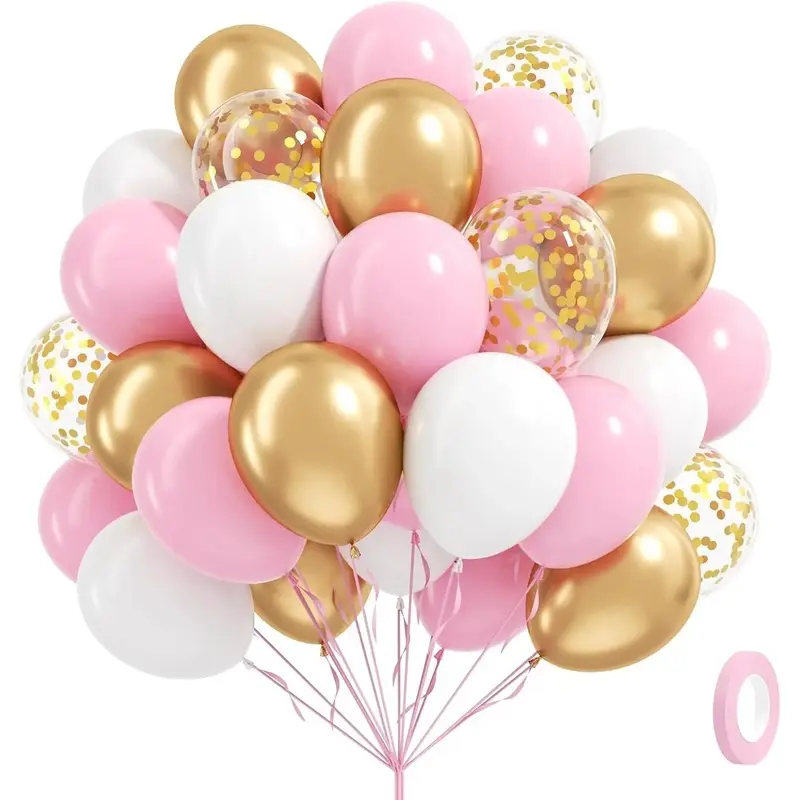 60pcs Pink and Gold Balloons 12inch, Pink and White Balloon with Metallic Gold Confetti Balloons for Shower Wedding Birthday Party Decorations