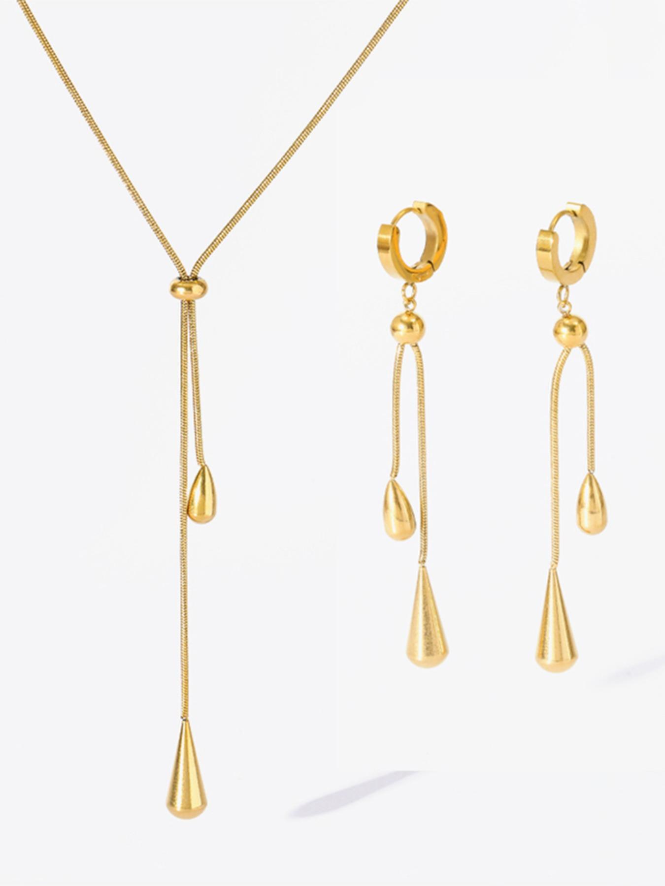 2Pcs 316L Stainless Steel Adjustable Water Droplet Tassels Necklace Earrings Women New Golden Fashion Jewelry Set Party Gifts