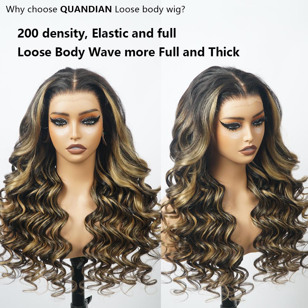 QUANDIAN Loose Body Wave Lace Front Wigs Pre Bleached knots 200% Density 13x4 HD Lace Balayage Highlight Wig Human Hair Springtok QUANDIAN Loose Body Wave Lace Front Wigs Pre Bleached knots 200% Density 13x4 HD Lace Balayage Highlight Wig Human Hair Springtok