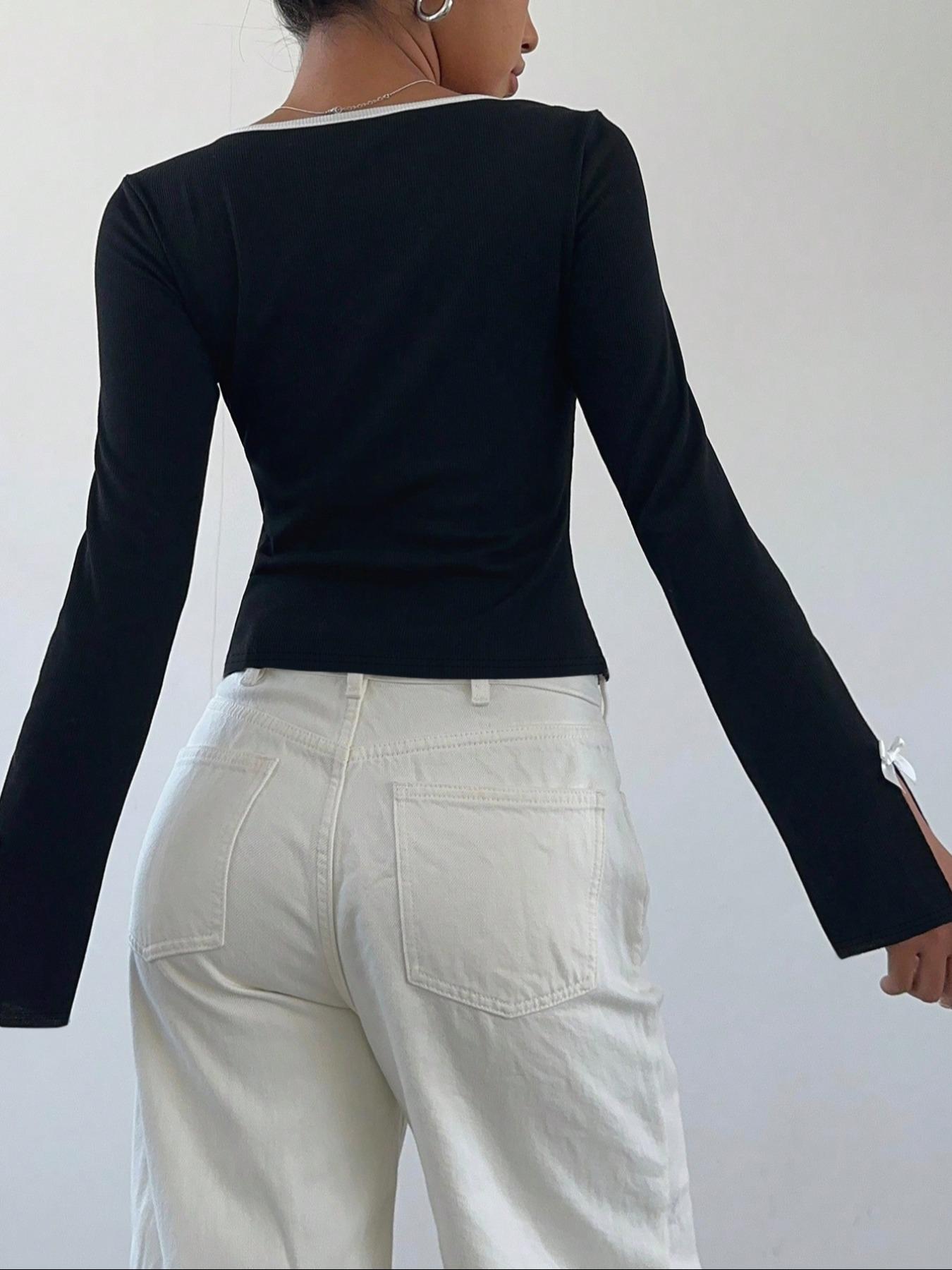 Elegant Bowknot Decorated Slim-Fit Knitted Long Sleeve Top, Stylish Women's Fashion Pullover for Casual Wear, Perfect for Fall & Winter Seasons