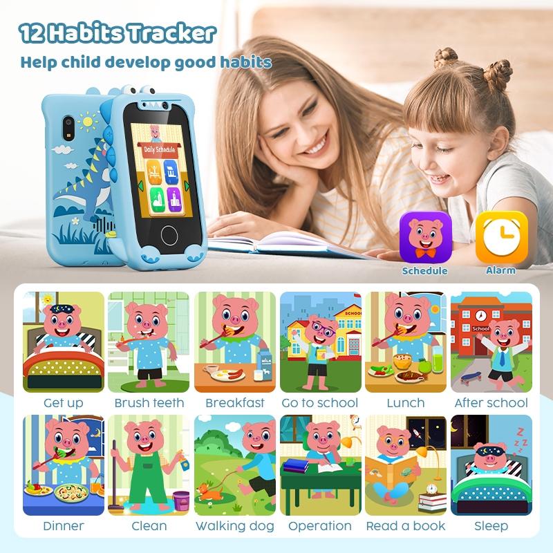 Cartoon Dinosaur Pattern Smart Phone, Touch Screen HD Dual Camera Cell Phone with 12 Habit Tracker, MP3 Music Player, Learning Games for Christmas Birthday Gifts