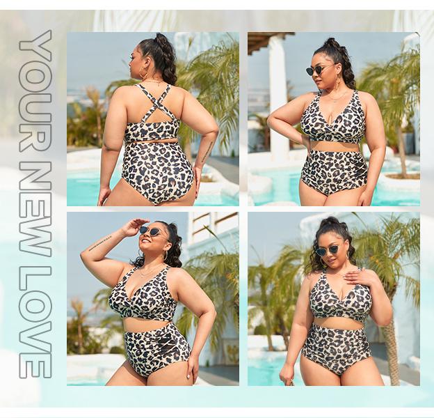 Yonique Women's Two Piece Plus Size Bikini Set, V Neck Top & Full Coverage High Waisted Bikini Bottom, Tummy Control Swimwear for Beach Swimming Holiday Vacation