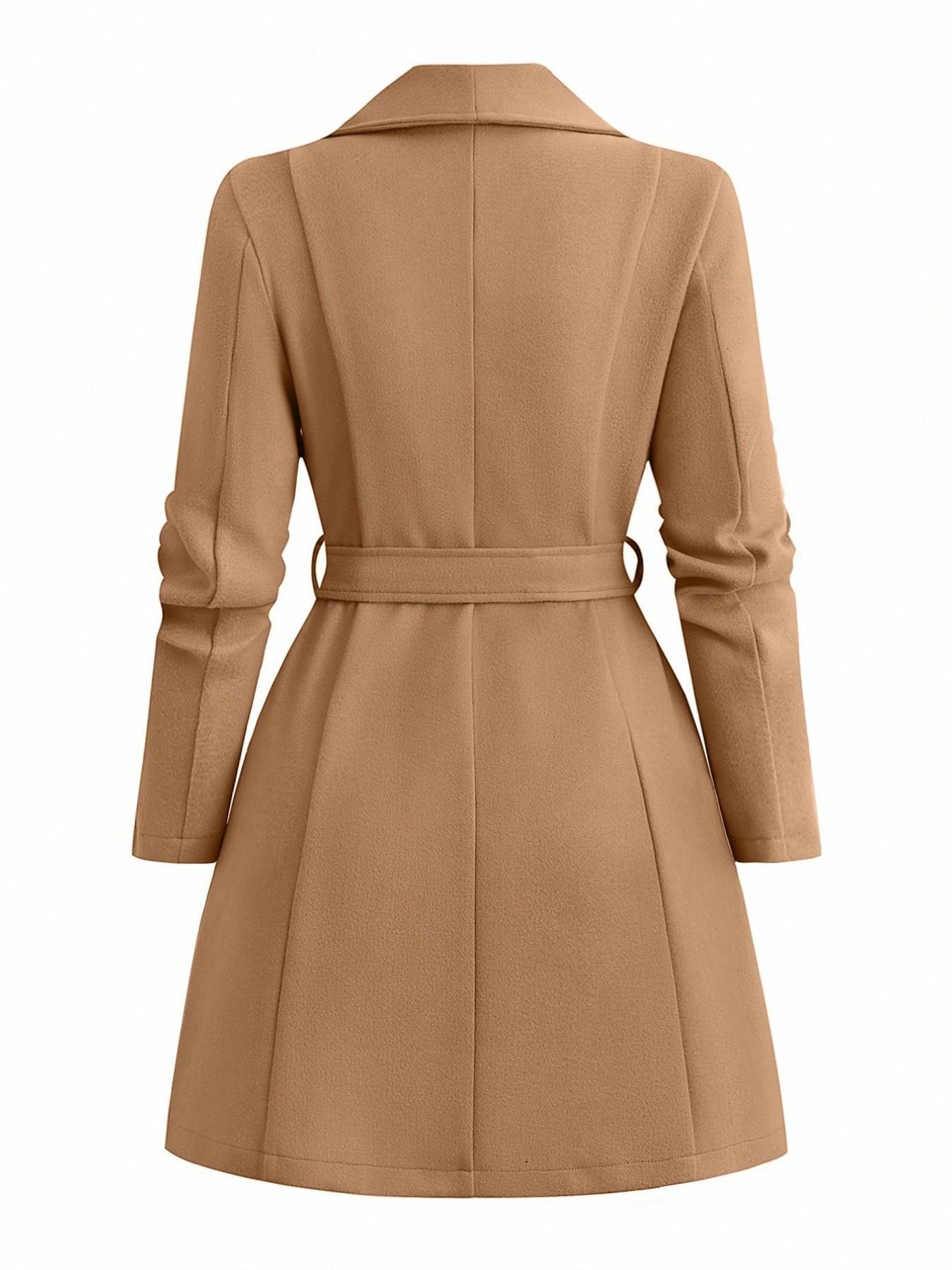 Plus Size Women’s Elegant Belted Coat, Long Sleeve Zip Front Lapel Outerwear, Chic Casual Fall Winter Long Jacket for Work, Going Out and Everyday Style