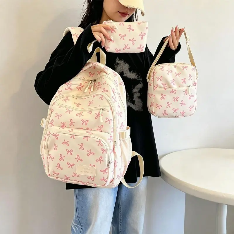 3Pcs Bowknot Backpack Set, Ins Aesthetic Large Capacity Student School Bag with Pencil Case & Accessory Pouch, Casual Versatile Daypack for Teen Girls, Back to School Bookbag for Middle High College Students