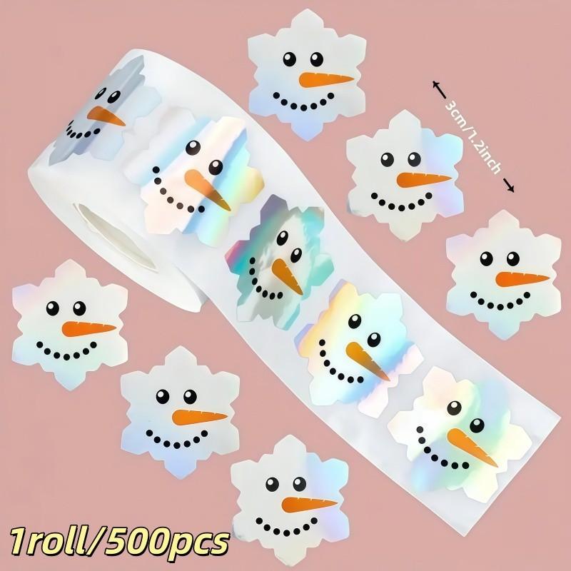 1 Roll/500pcs Rainbow Snowflake Stickers, Holographic Christmas Winter Decor, Snowman Tree Clouds, Party Card Making Material