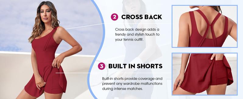 FISOEW Sleeveless 2-in-1 Athletic Tennis Golf Dress Underneath Workout Active Dresses with Built-in Shorts Activewear prom memorial day outfits waisttrainers sundress camels hiking athletic dress tennis dress