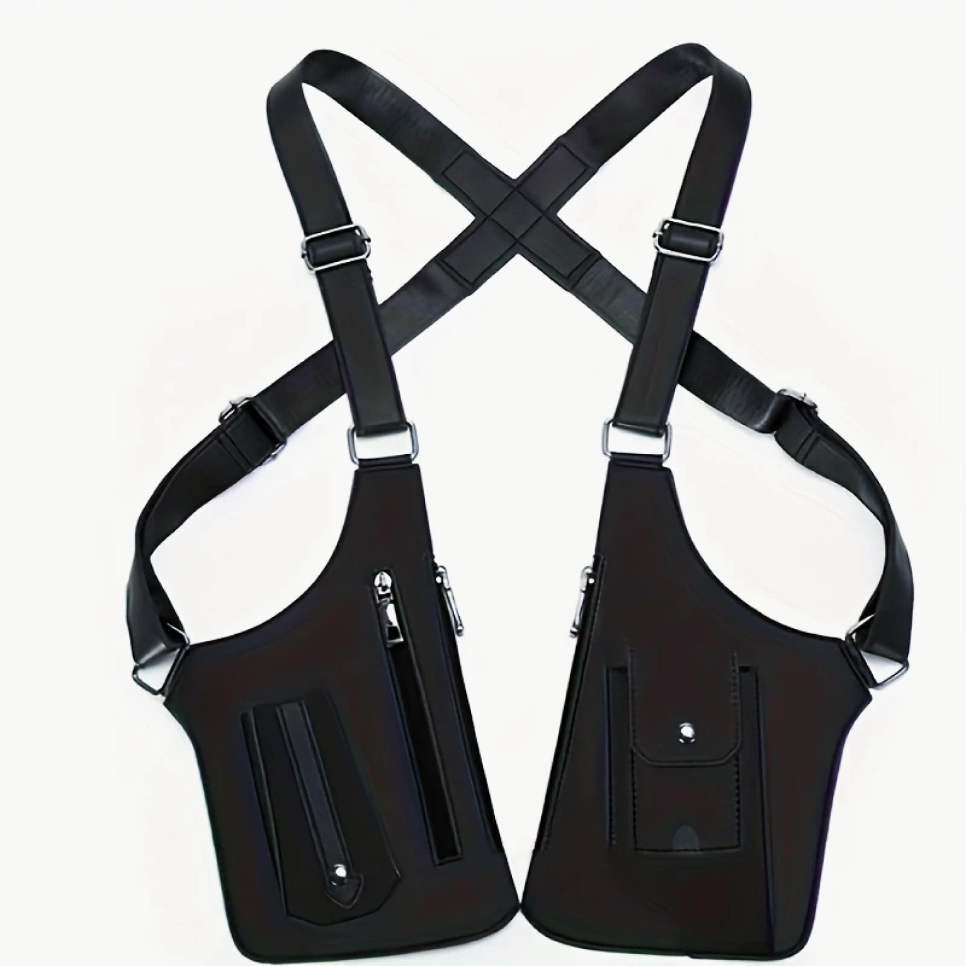 This unisex adjustable underarm shoulder bag is made of durable PU leather and features multiple flap pockets, an adjustable shoulder strap, and a zipper.