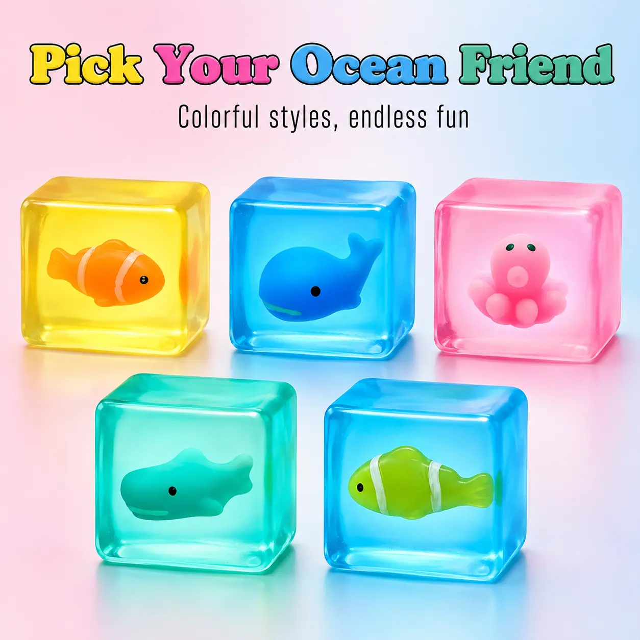 Glow in the Dark Ocean Animal Ice Cube Squishy Toy, 2.17 Inch Clear Maltose Gel Sea Life Squeeze Fidget, Clownfish Whale Octopus Sensory Relief Toy, Slow Rising Ice Cube Fidget Toy，Birthday Party Favor Goodie Bag Stuffers for Kids