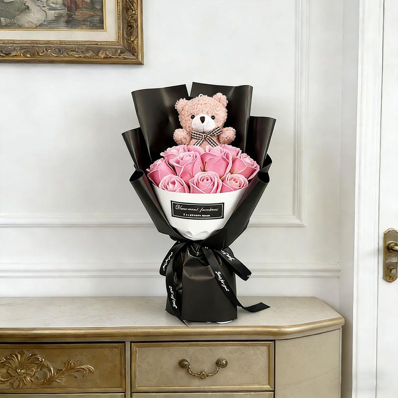 Boutique Rose Gift Box, 1 Set Artificial Rose Soap Flower Bear Cartoon Doll Bouquet Gift Box, Romantic Eternal Rose Bouquet, Deluxe Gift Box Set, Simulated Rose Desktop Bedroom, Unique Creative Gift for Birthday，christmas Gifts, Christmas Bouquets