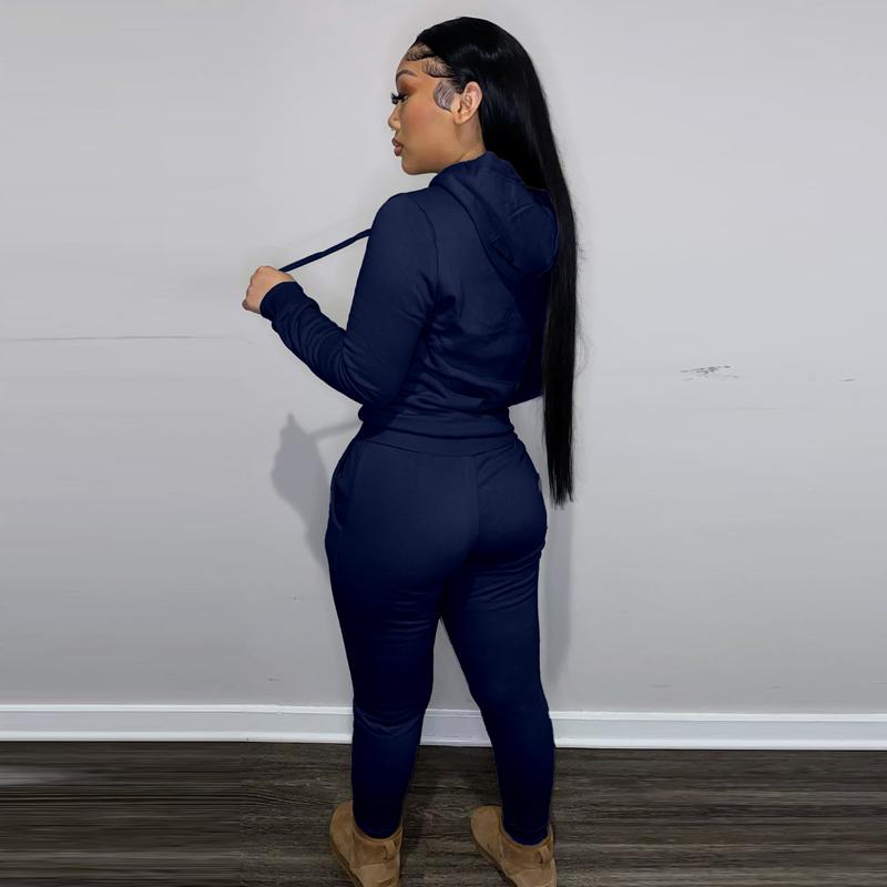 USBoutique Chic Women's Solid Drawstring Hoodie & Pocket Sweatpants Two-piece Set, Casual Long Sleeve Hooded Sweatshirt & Trousers for Fall, Womenswear Fall Clothes for Daily Wear, Downtown Girl Clothes, Girl with Blue Pants 2-piece woman