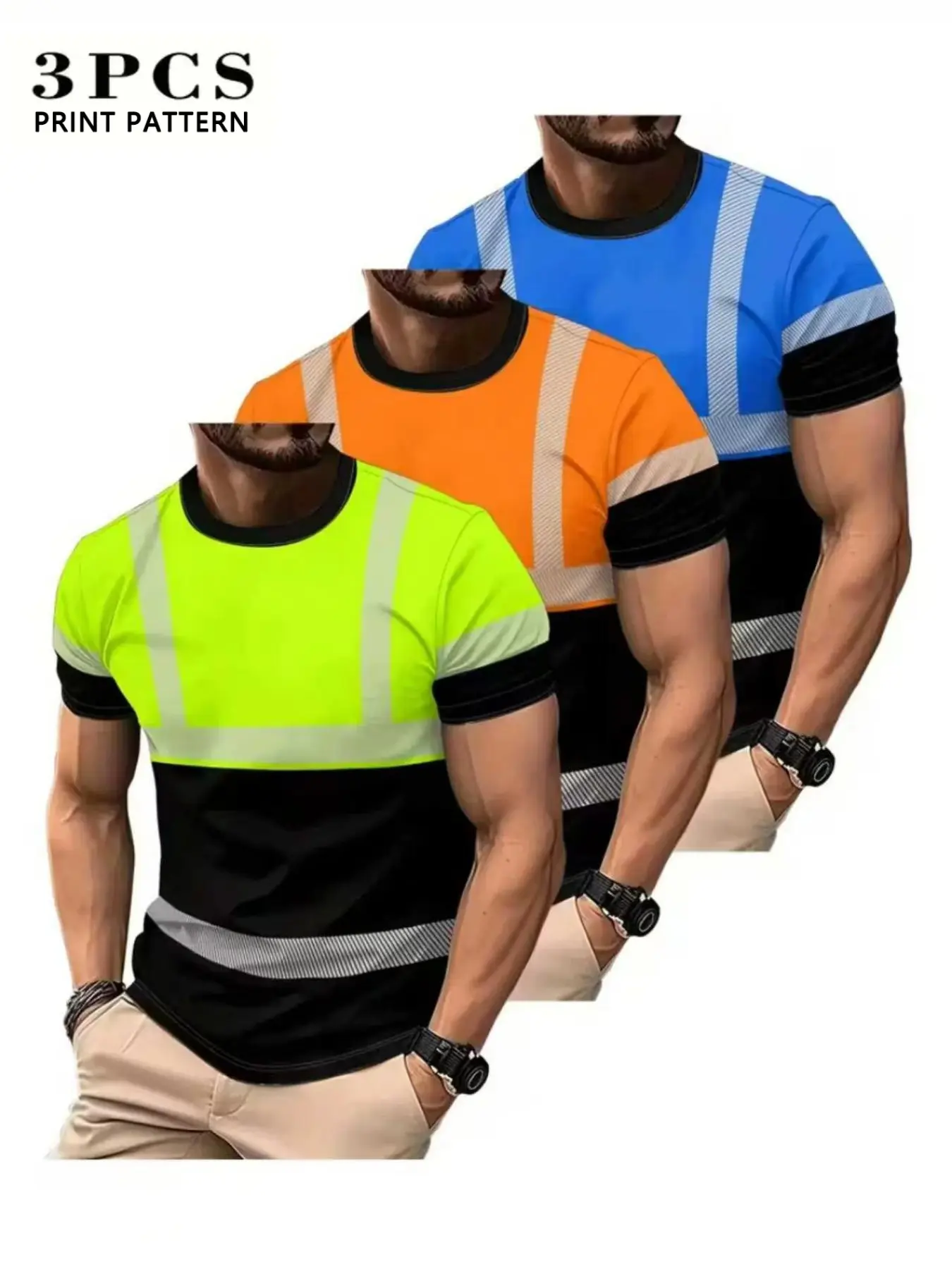 3-Pack Men's 3D Short Sleeve T-Shirts, Casual Geometric Print, Breathable Fabric, Outdoor Sports Top, Durable Material